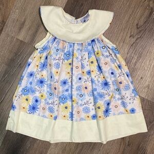 Blue Floral Yoke Dress with Cream Bib Collar